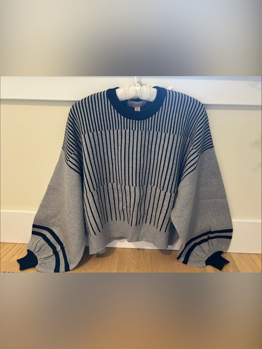Philosophy Gray Sweater with black Stripe Detailing puffy sleeves